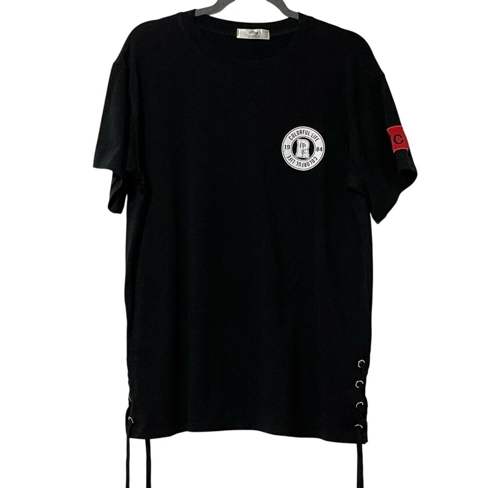 Raye Tog by Ting Black Graphic Tee Size 12  Lace-Up Sides Patches Short Sleeve
